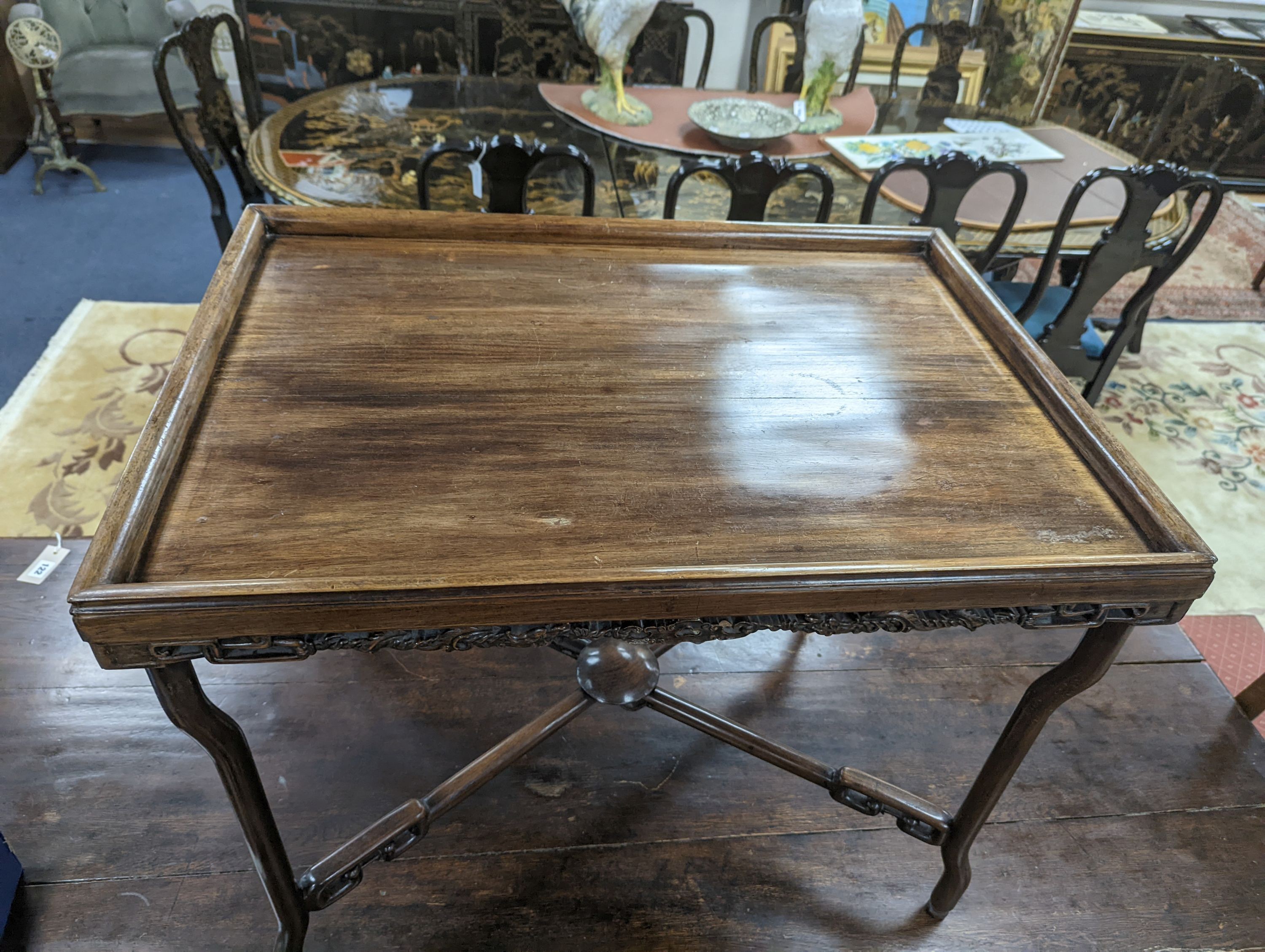 A Chinese hongmu tray top table. W-75cm, D-53cm, H-61cm.